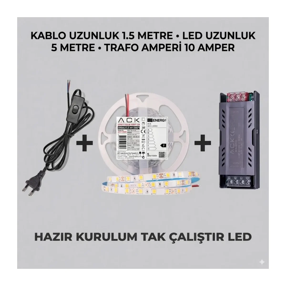 5 METRE GÜNIŞIĞI ŞERİT LED AYDINLATMA SETİ - 10A TRAFO + 1.5M FİŞLİ KABLO - HAZIR TAK ÇALIŞTIR