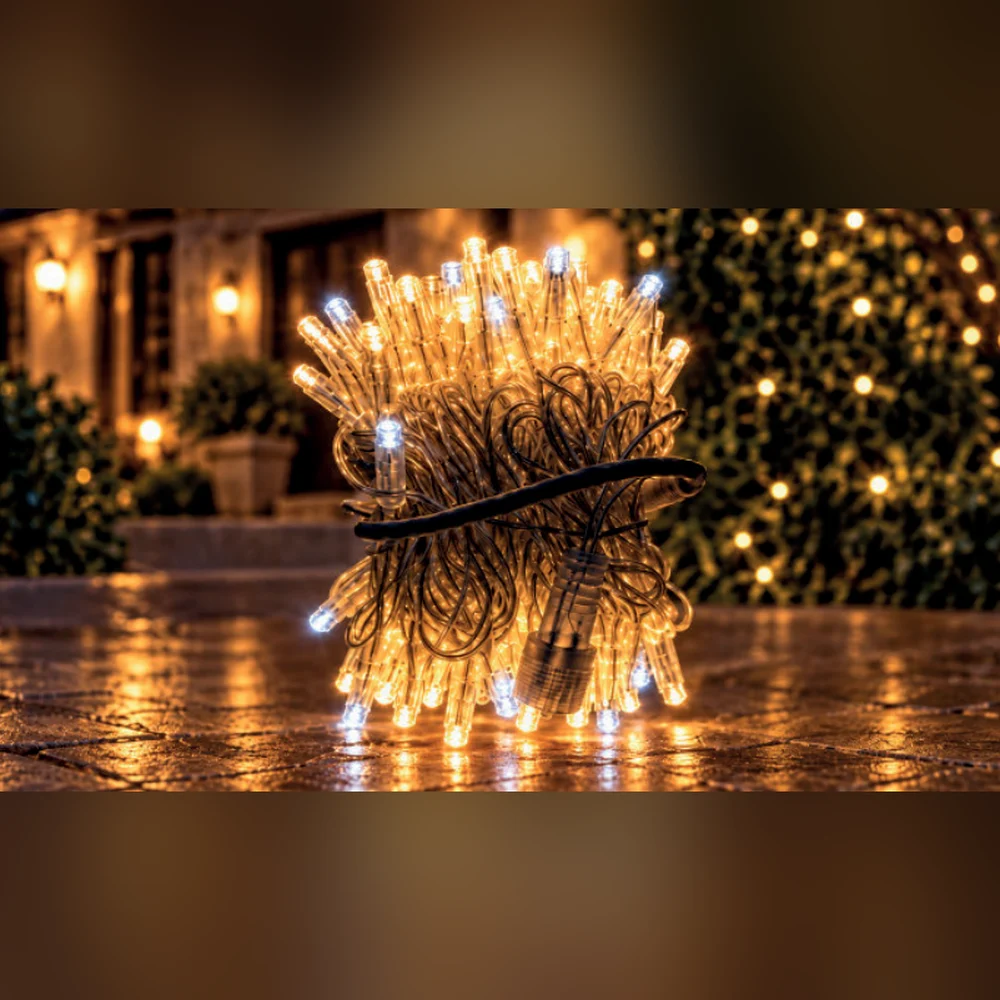 LED String 100 LED 10 m IP65 Çakarlı – Gün Işığı, Şeffaf Kablo