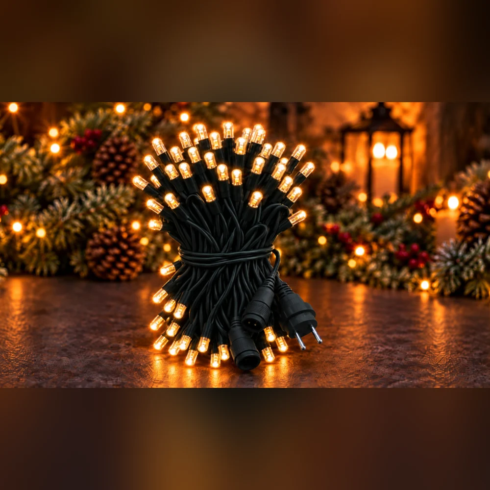LED String 100 LED 10 m IP65 Sabit – Gün Işığı, Siyah Kablo