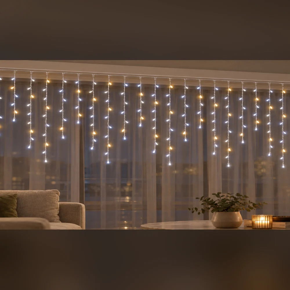 LED Saçak 192 LED 2 × 1 m IP44 Çakarlı – Beyaz, Şeffaf Kablo