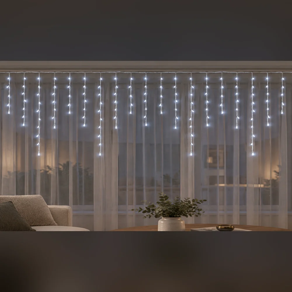 LED Saçak 192 LED 2 × 1 m IP44 Sabit – Beyaz, Şeffaf Kablo