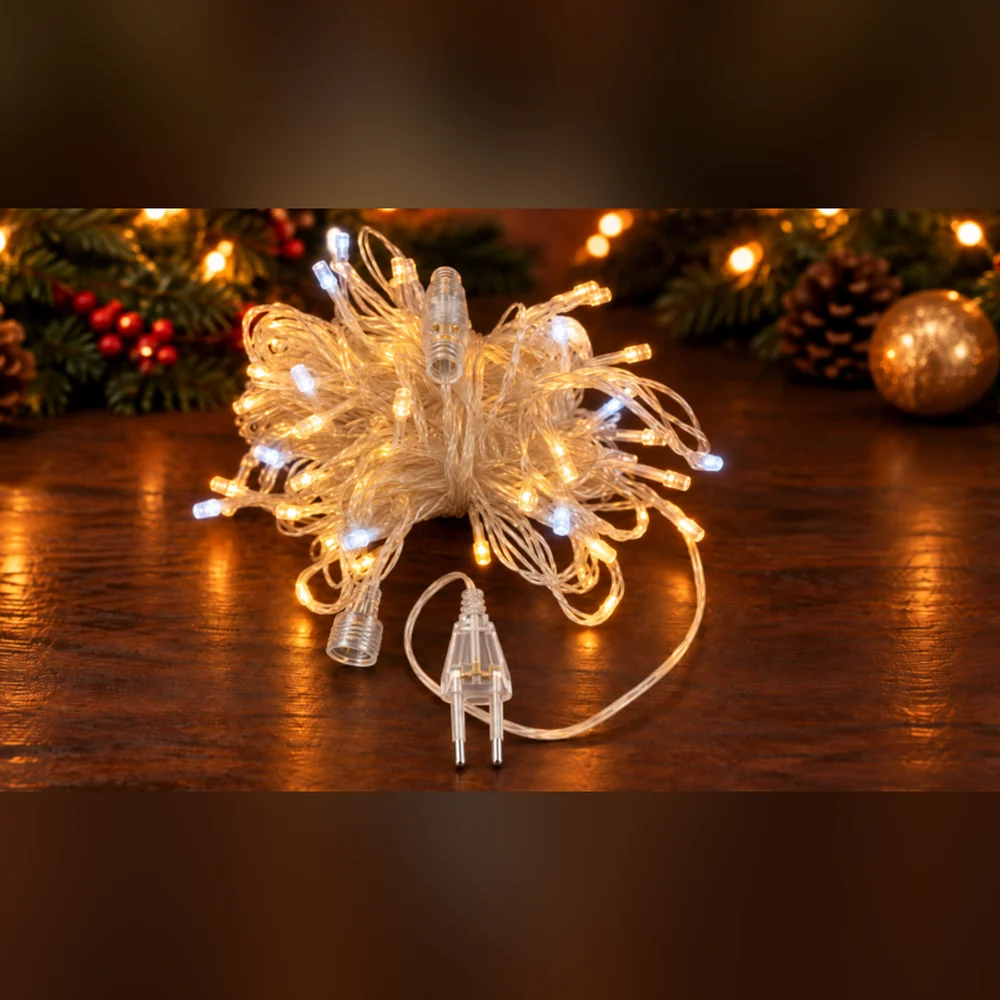 LED String 100 LED 10 m IP44 Çakarlı – Gün Işığı, Şeffaf Kablo