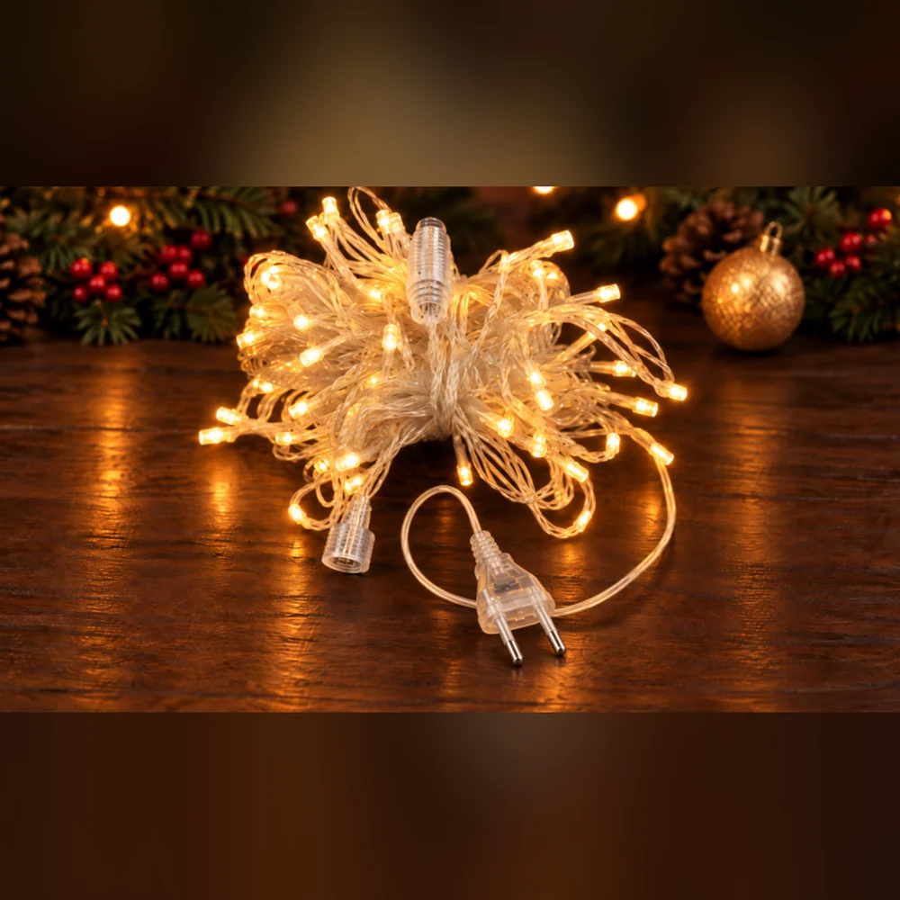 LED String 100 LED 10 m IP44 Sabit – Gün Işığı, Şeffaf Kablo