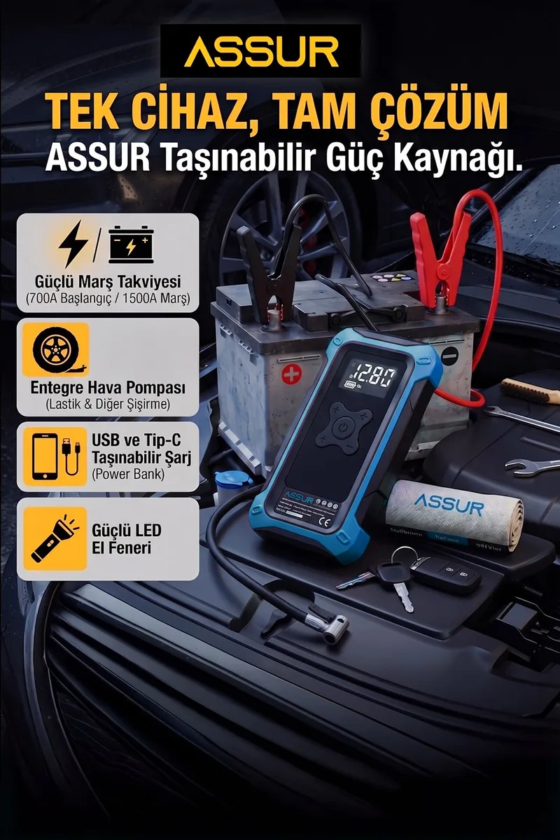 4'ü 1 Arada Dijital Göstergeli | Powerbank | Led Fener | Hava Kompresörü| Şarjlı Akü Takviye Cihazı - Görsel 4