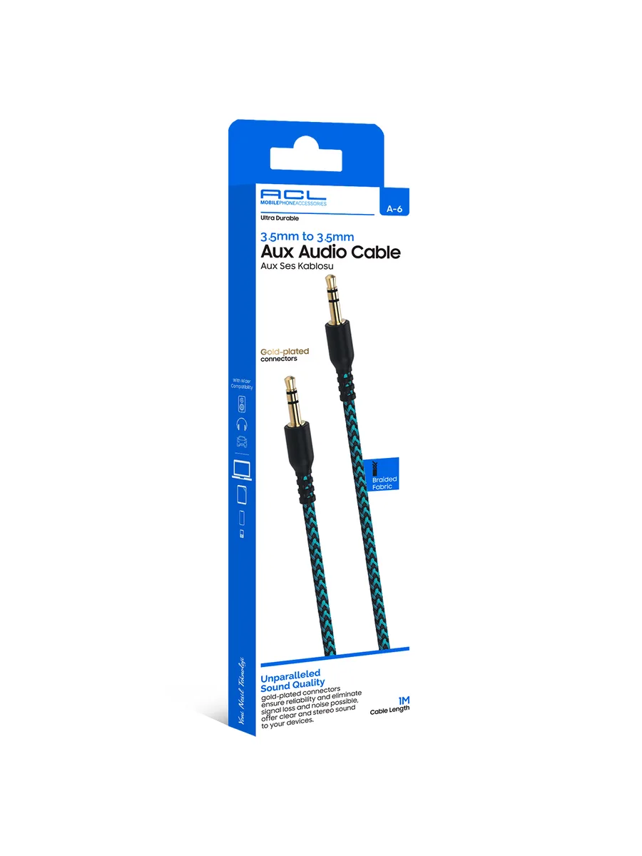 ACL A-6 1 Metre 3.5mm to 3.5mm Örgülü Kumaş Ultra Dayanıklı HD Ses Aux Kablosu (Altın Kaplama Uçlu)