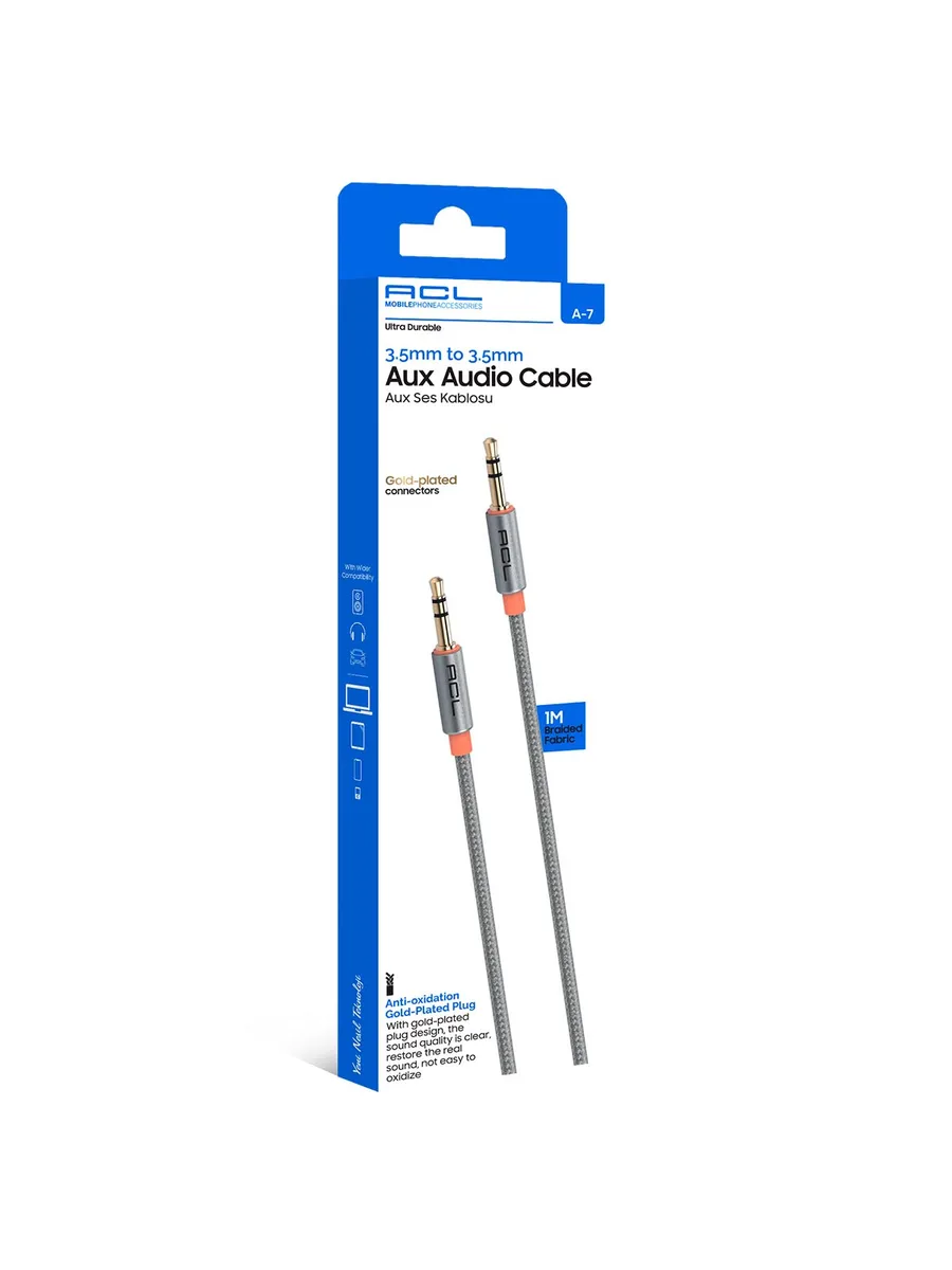 ACL A-7 1 Metre 3.5mm to 3.5mm Örgülü Kumaş Ultra Dayanıklı HD Ses Aux Kablosu (Altın Kaplama Uçlu)