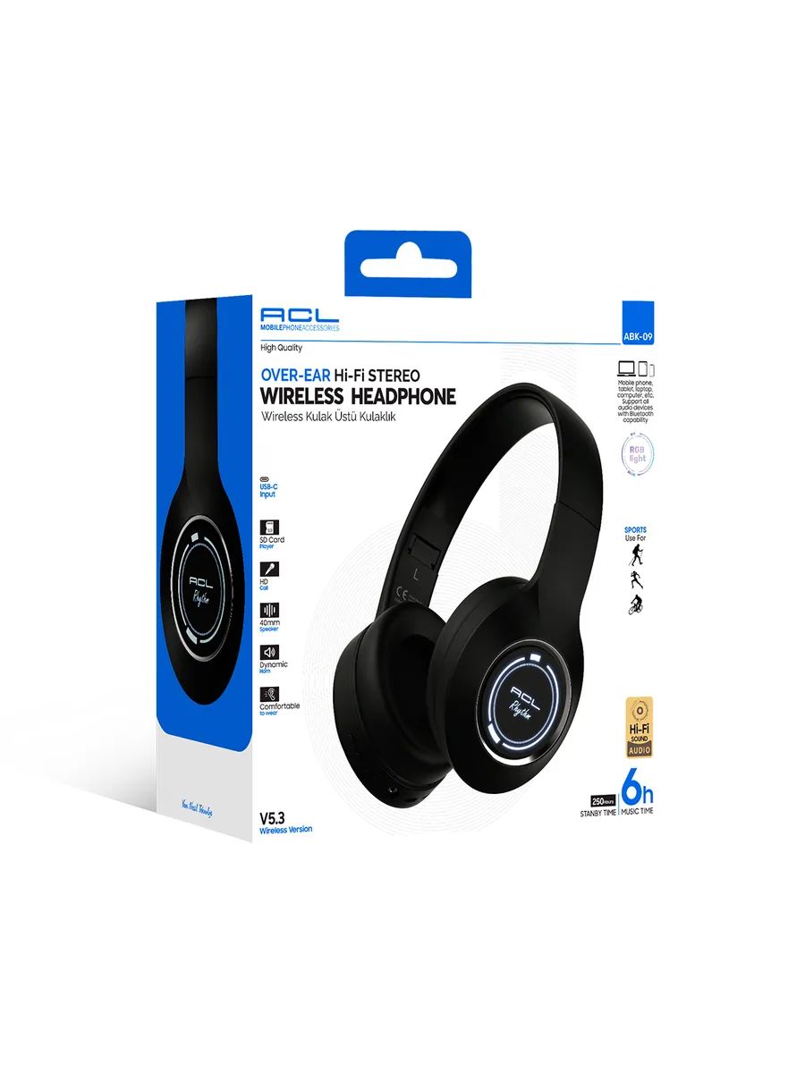 ACL ABK-09 Rhythm Serisi RGB Işıklı Hi-Fi Stereo Bluetooth 5.3 Kablosuz Kulak Üstü Kulaklık – SD Kart Girişli