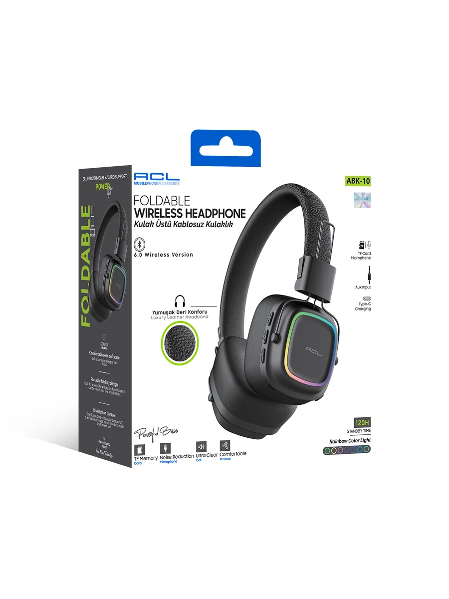 ACL ABK-10 Katlanabilir Bluetooth 6.0 RGB Işıklı Kulak Üstü Kulaklık – Lüks Deri Başlık ve Güçlü Bas