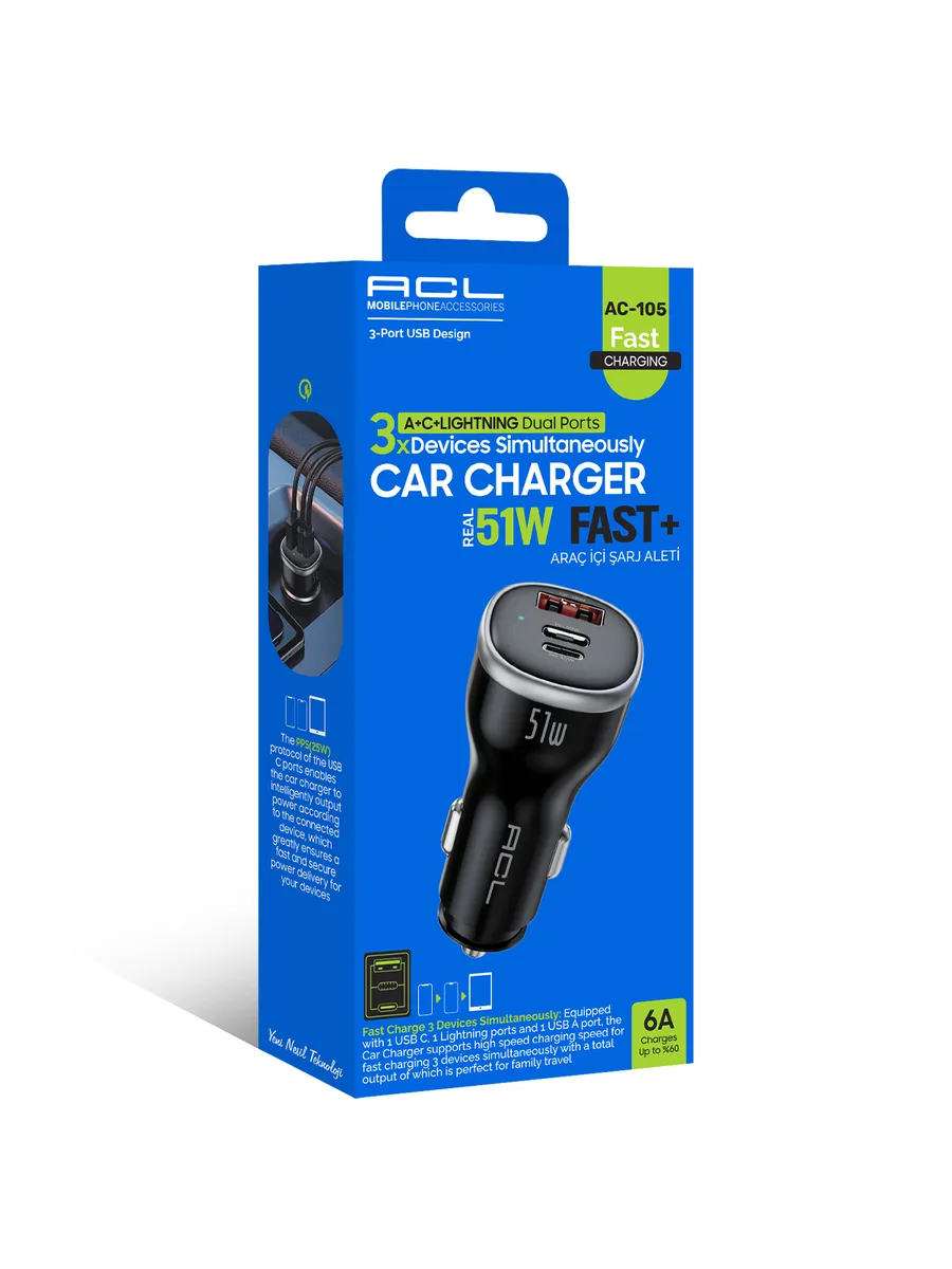 ACL AC-105 51W Süper Hızlı Araç Şarj Cihazı – Dahili Lightning Kablolu + PD 30W USB-C ve QC 18W USB-A