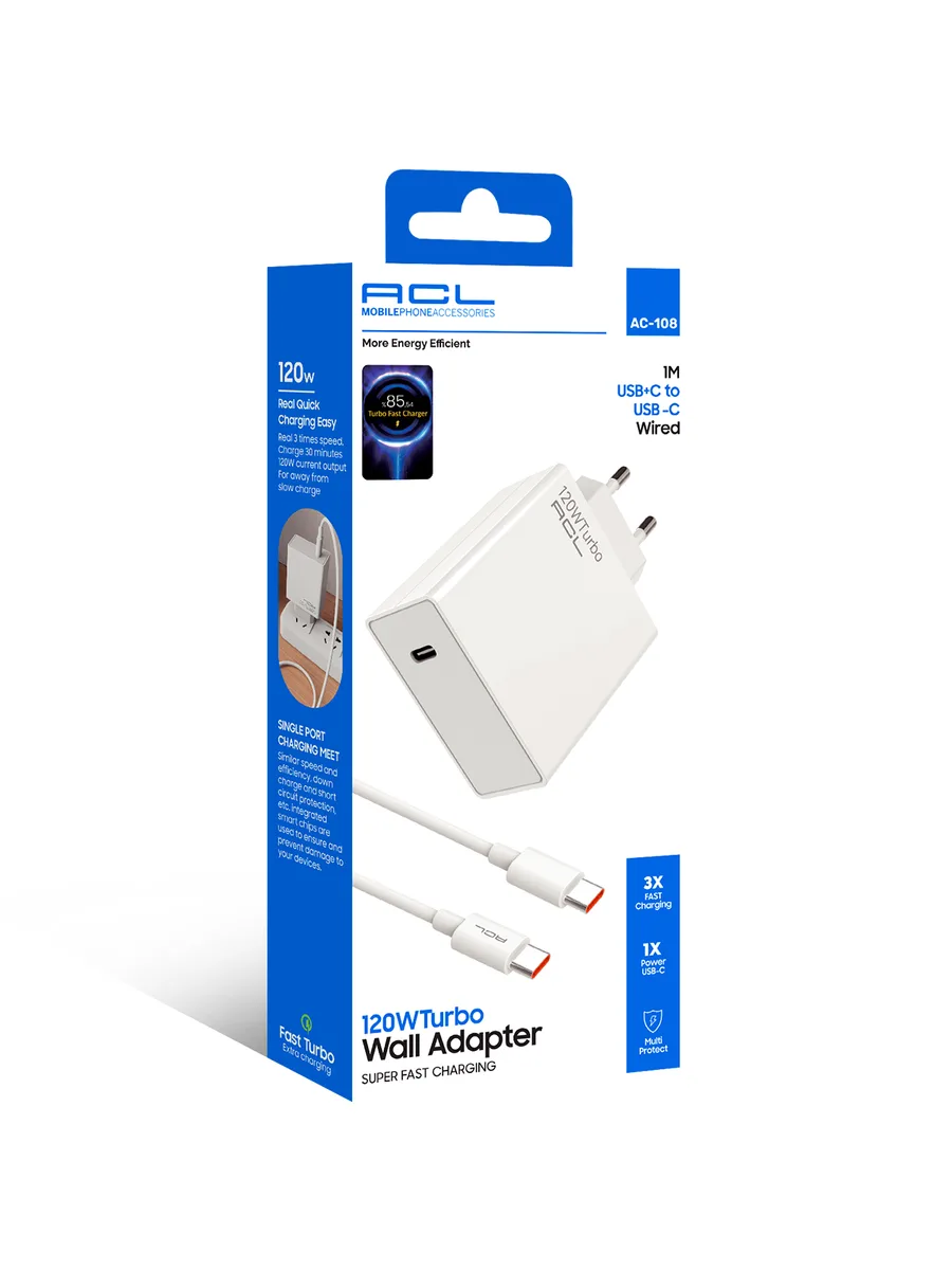 ACL AC-108 120W Turbo Super Hızlı Duvar Şarj Cihazı – Type-C Çıkışlı ve USB-C Kablolu Set