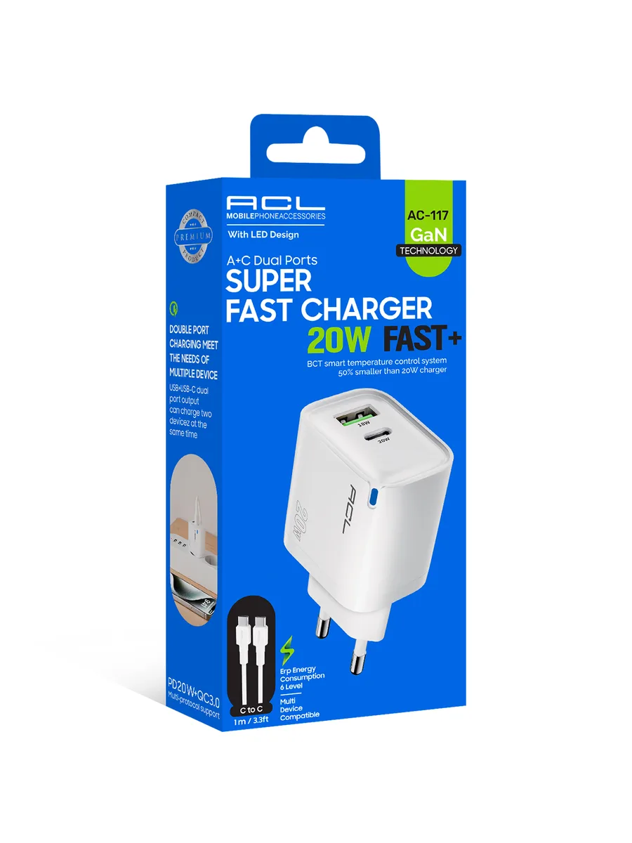 ACL AC-117 20W GaN Süper Hızlı Duvar Şarj Cihazı – Çift Portlu (USB-A + Type-C) ve Type-C Kablolu Set
