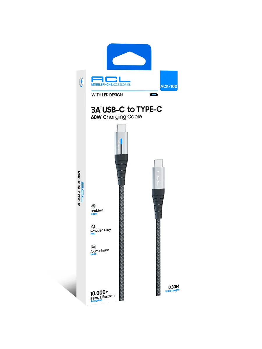 ACL ACK-100 0.30M LED Göstergeli 60W USB-C to Type-C Örgü Şarj ve Veri Kablosu (3A)