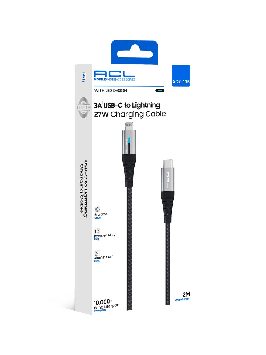ACL ACK-105 2M LED Göstergeli 27W USB-C to Lightning Örgü Şarj ve Veri Kablosu (3A)