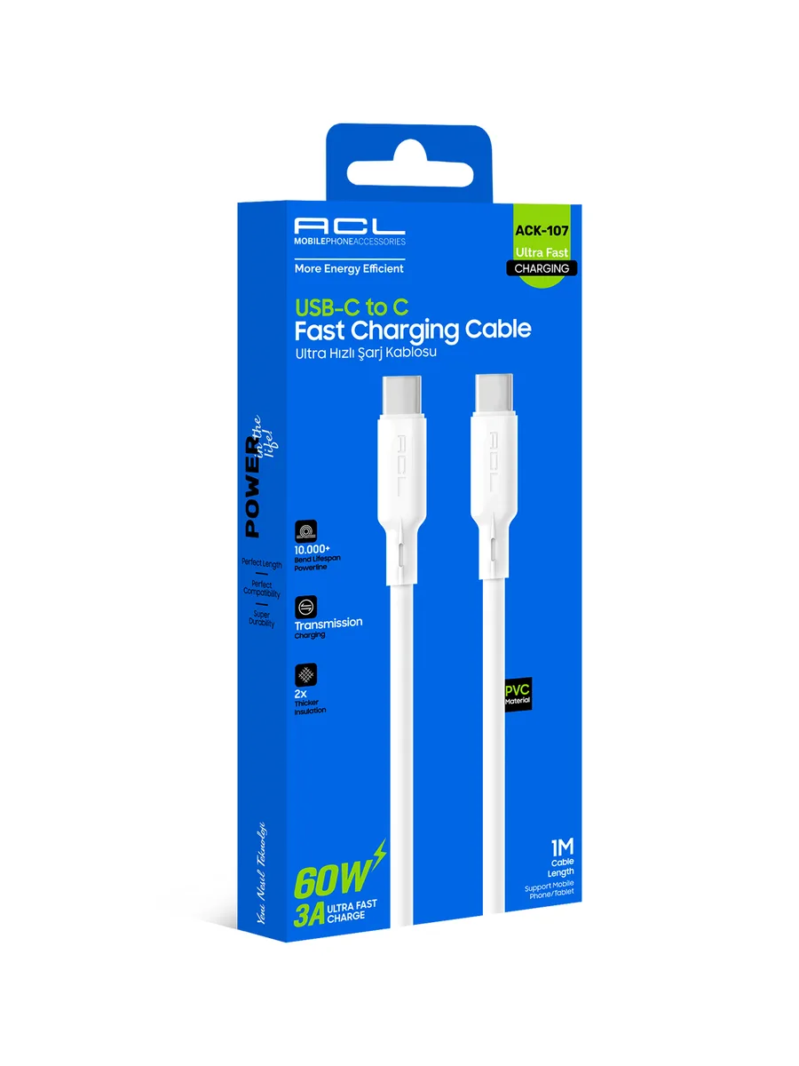 ACL ACK-107 1 Metre 60W USB-C to Type-C Ultra Hızlı Şarj ve Veri Kablosu (3A)