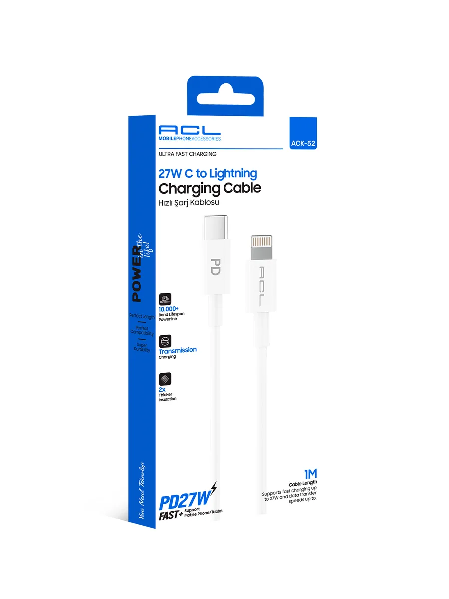 ACL ACK-52 1 Metre Type-C to Lightning 27W Ultra Hızlı Şarj ve Veri Kablosu (iPhone Uyumlu)