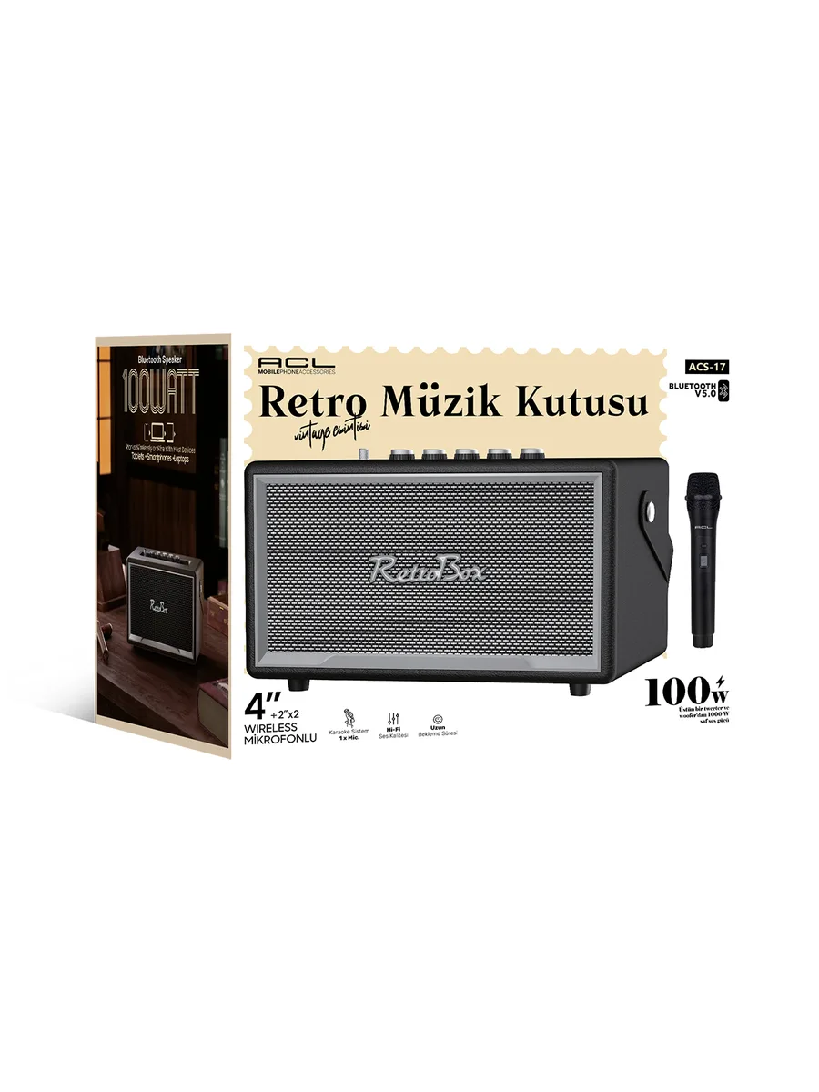 ACL ACS-17 Retro Tasarım 100W Bluetooth Hoparlör – Kablosuz Mikrofonlu Vintage Müzik Kutusu