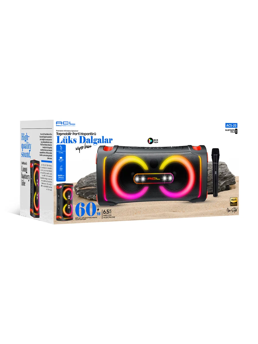 ACL ACS-20 Luxury Wave 60W RGB Işıklı Taşınabilir Bluetooth Parti Hoparlörü – Kablosuz Mikrofonlu ve 3600mAh Bataryalı