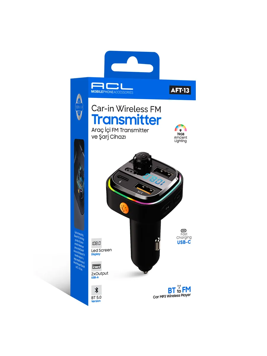 ACL AFT-13 Bluetooth 5.0 Araç İçi FM Transmitter ve Hızlı Şarj Cihazı (Çift USB + Type-C Çıkışlı, 7 Renkli RGB)