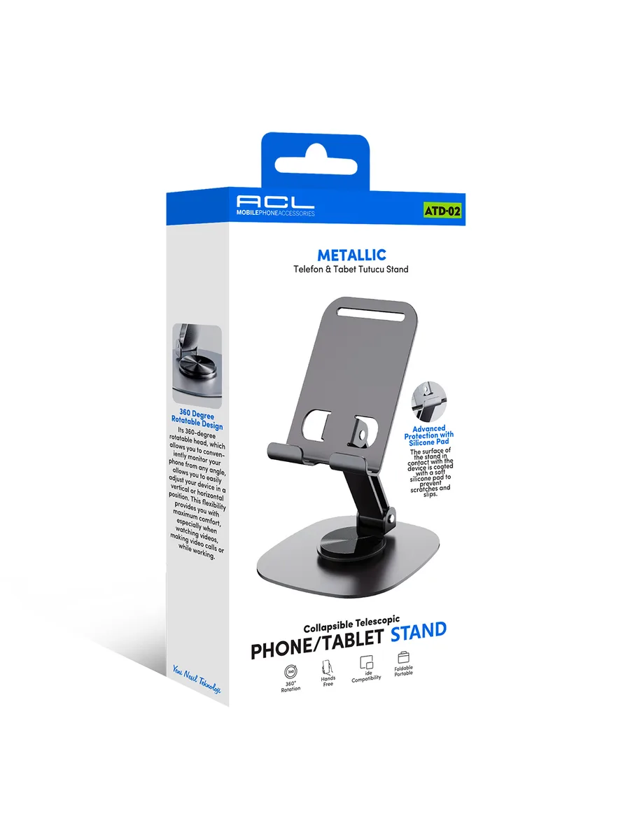 ACL ATD-02 360 Derece Dönebilen Metalik Telefon ve Tablet Masaüstü Standı – Teleskopik ve Katlanabilir