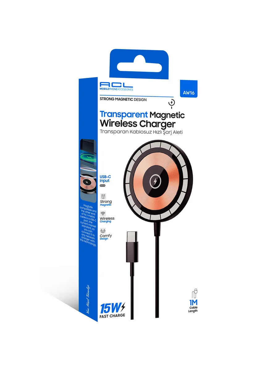 ACL AW16 15W Şeffaf Tasarım MagSafe Kablosuz Şarj Cihazı – Güçlü Manyetik ve Type-C Girişli