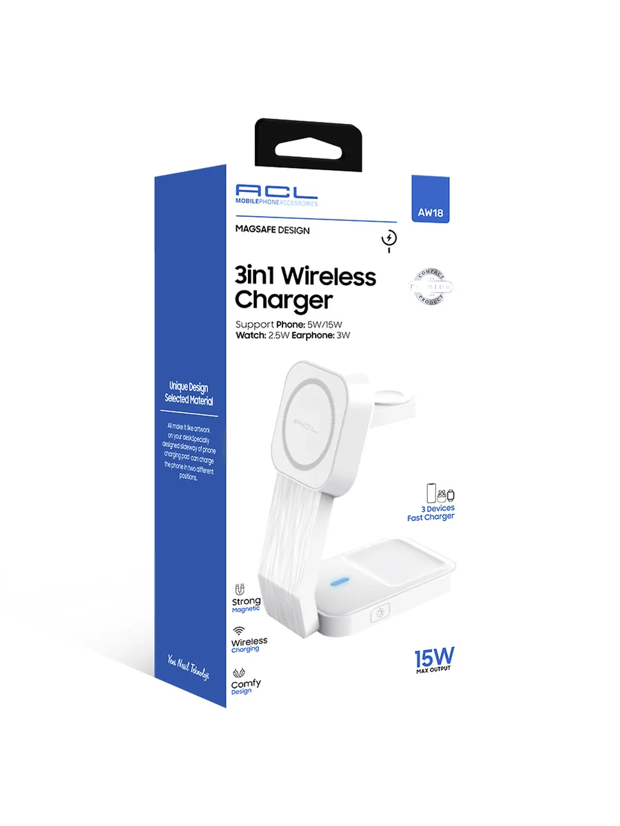 ACL AW18 3in1 MagSafe Kablosuz Şarj Standı – Kızaklı Ayarlanabilir Tasarım ve 15W Hızlı Şarj İstasyonu