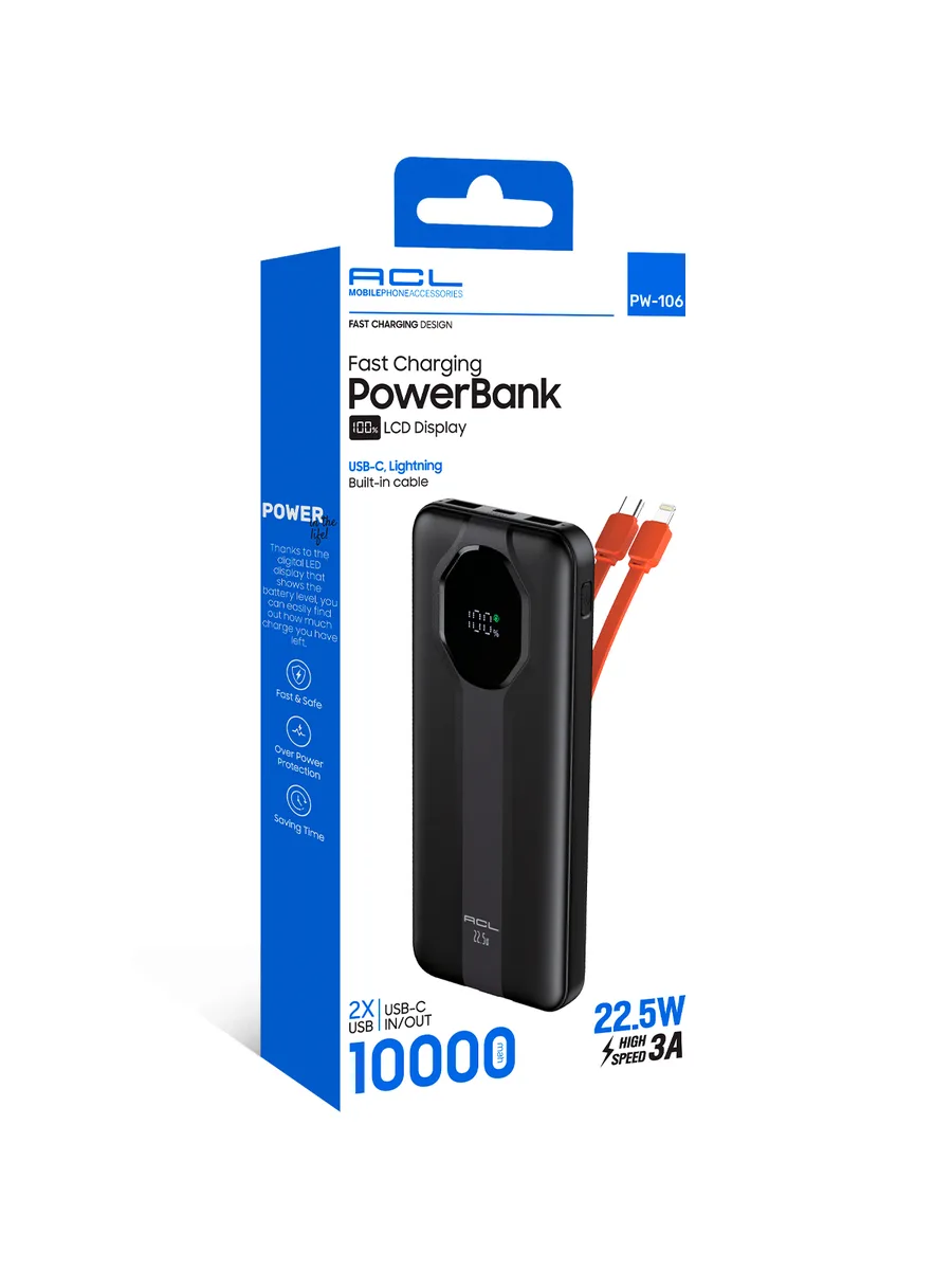 ACL PW-106 10000 mAh 22.5W Super Fast Charging Powerbank – Dahili Çift Kablolu ve LCD Göstergeli