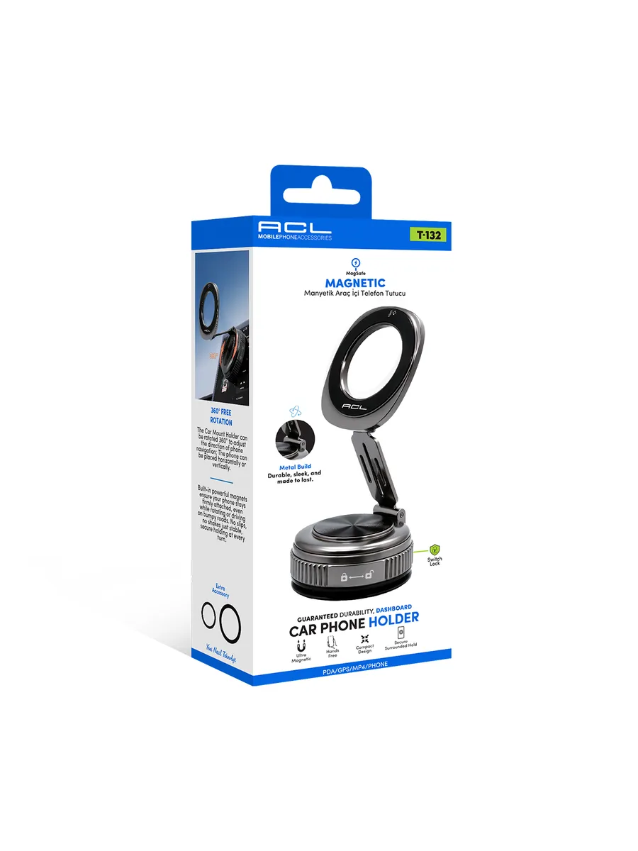 ACL T-132 MagSafe Uyumlu Metal Gövdeli 360° Dönebilen Kilitli Araç İçi Konsol Telefon Tutucu
