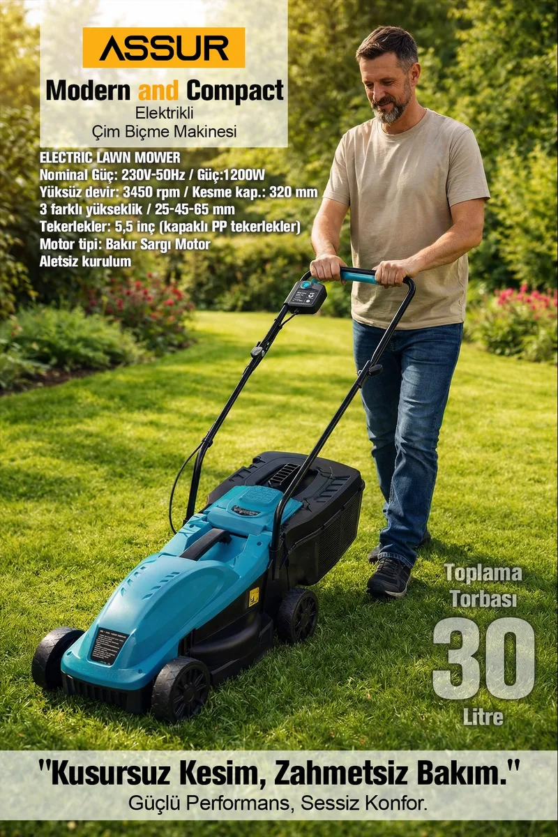 ASSUR 1200W 30 L Toplama Torbalı Elektrikli Çim Biçme Makinesi - Görsel 4
