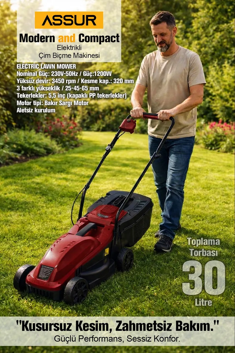ASSUR 1200W 30 L Toplama Torbalı Elektrikli Çim Biçme Makinesi - Görsel 8