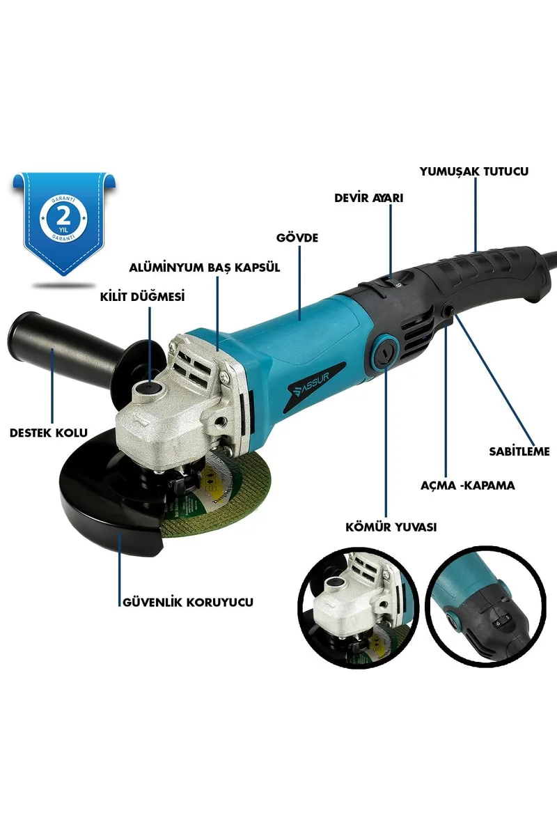 Assur 1200W Avuç Taşlama Makinesi 125mm 6 Kademeli Uzun Kuyruk - Görsel 8