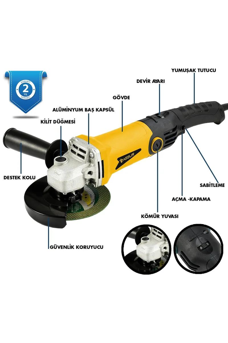 ASSUR 1200W Avuç Taşlama Makinesi 125mm Disk Çapı 6 Kademeli Uzun Kuyruk - Görsel 5