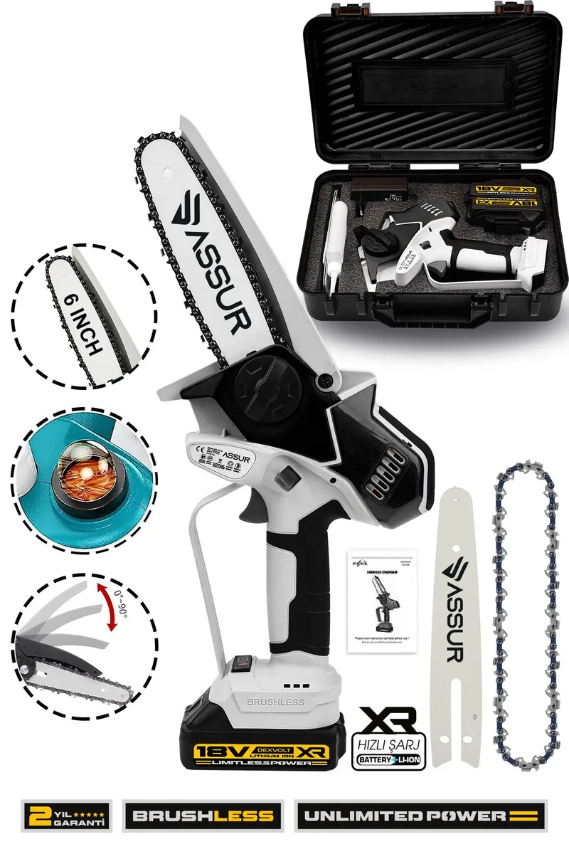 ASSUR 18V 15cm Pala Boyu Metal Dişli Çift Akülü Kömürsüz Siyah Dal Budama Testeresi