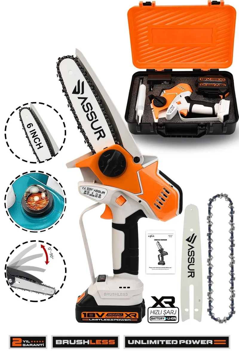 ASSUR 18V 15cm Pala Boyu Metal Dişli Çift Akülü Kömürsüz Turuncu Dal Budama Testeresi