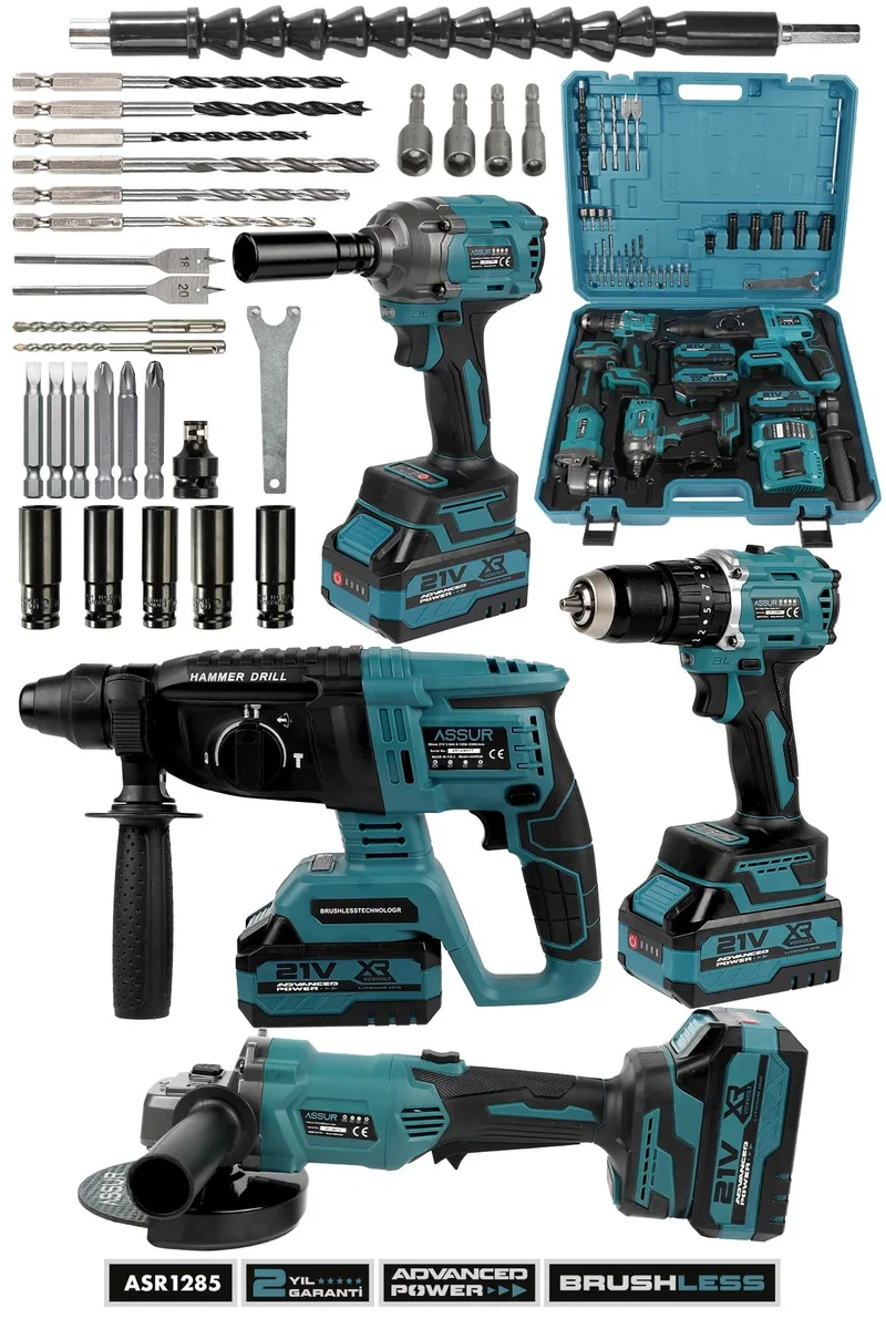 ASSUR 21V Darbeli Kömürsüz Kırıcı Delici Hilti Ve Matkap Ve Somun Sıkma Ve Taşlama 4'lü Set