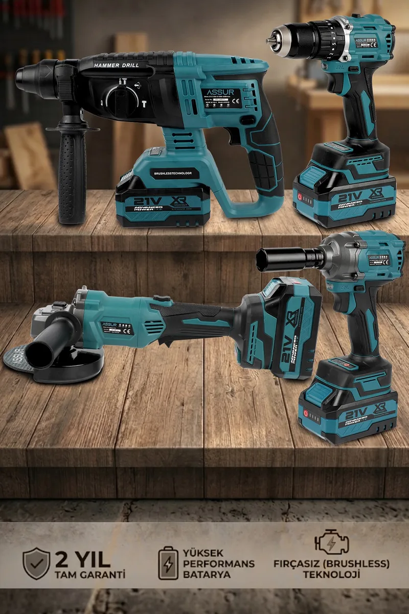 ASSUR 21V Darbeli Kömürsüz Kırıcı Delici Hilti Ve Matkap Ve Somun Sıkma Ve Taşlama 4'lü Set - Görsel 3