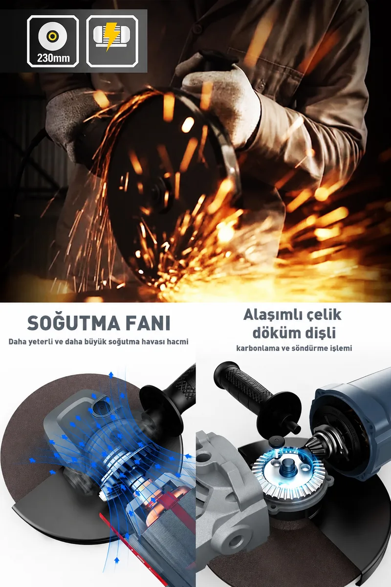 ASSUR 2200W Metal Şanzıman 230mm Disk Çapı Büyük Spiral Taşlama Çantalı - Görsel 2