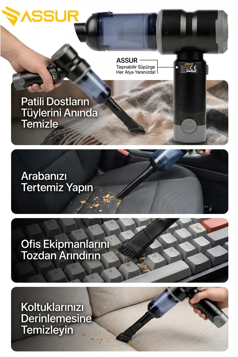 ASSUR 7.2V Type-C Şarjlı Üflemeli Mini Araç Süpürgesi - Görsel 2