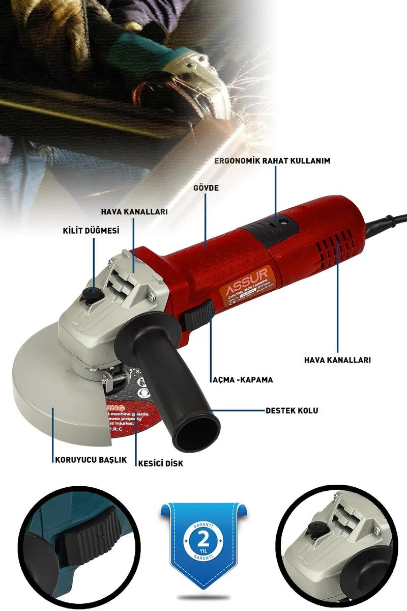Assur 850W Avuç Taşlama Makinesi 125mm Bakır Sargılı Spiral - Görsel 8