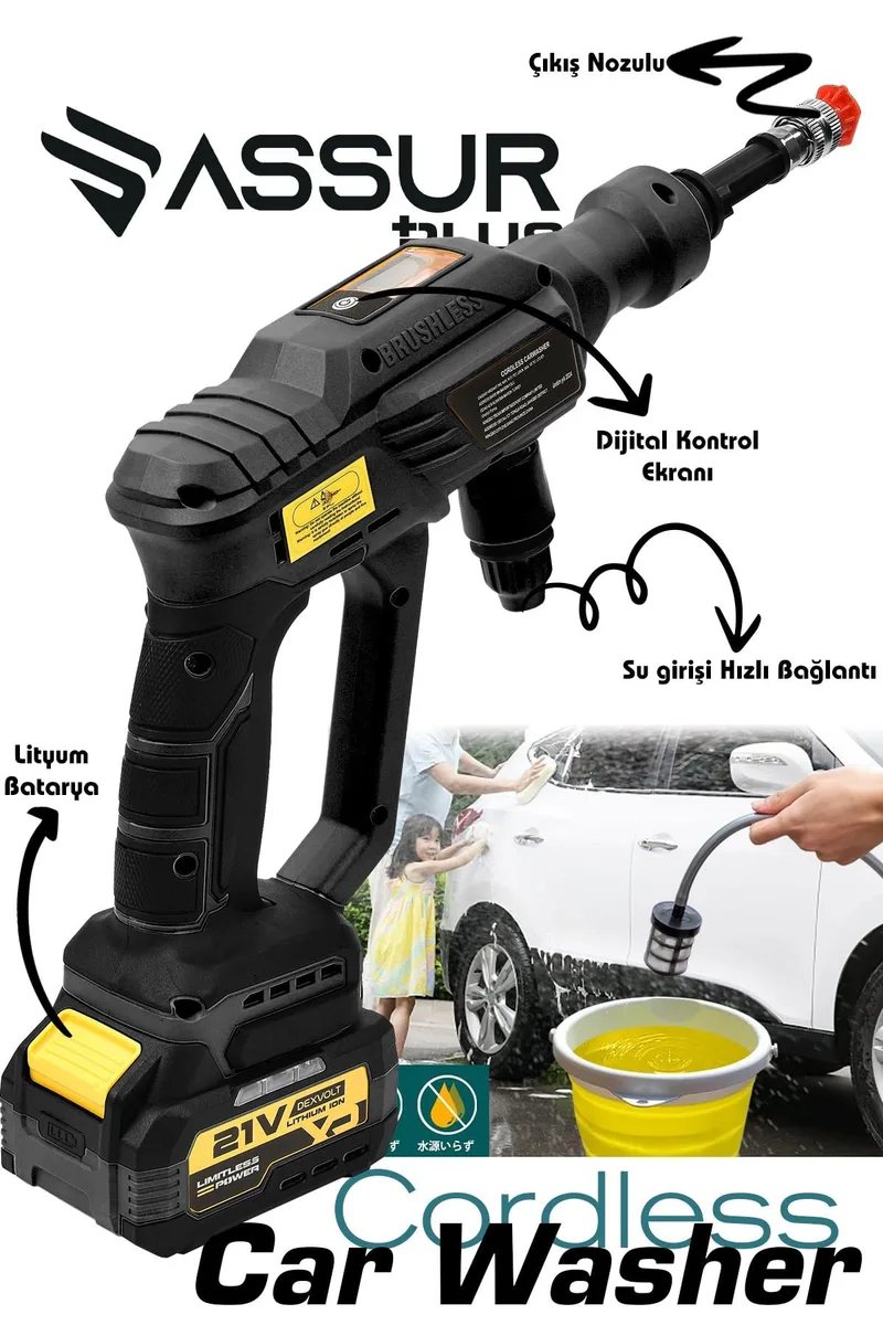 Assur Plus 21V 2 BATARYA Kömürsüz Motor Dijital Ekranlı Yüksek Basınçlı Akülü Şarjlı Oto Araba Yıkama Makinesi - Görsel 2