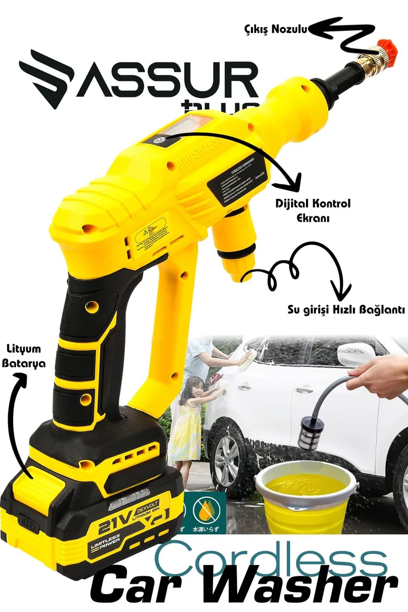 Assur Plus 21V 2 BATARYA Kömürsüz Motor Dijital Ekranlı Yüksek Basınçlı Akülü Şarjlı Oto Araba Yıkama Makinesi - Görsel 7