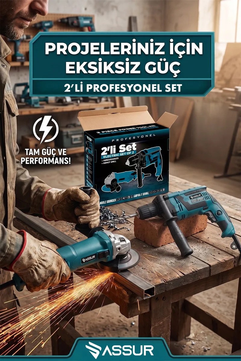 ASSUR Profesyonel Elektrikli 2'li Set Taşlama,Matkap - Görsel 2