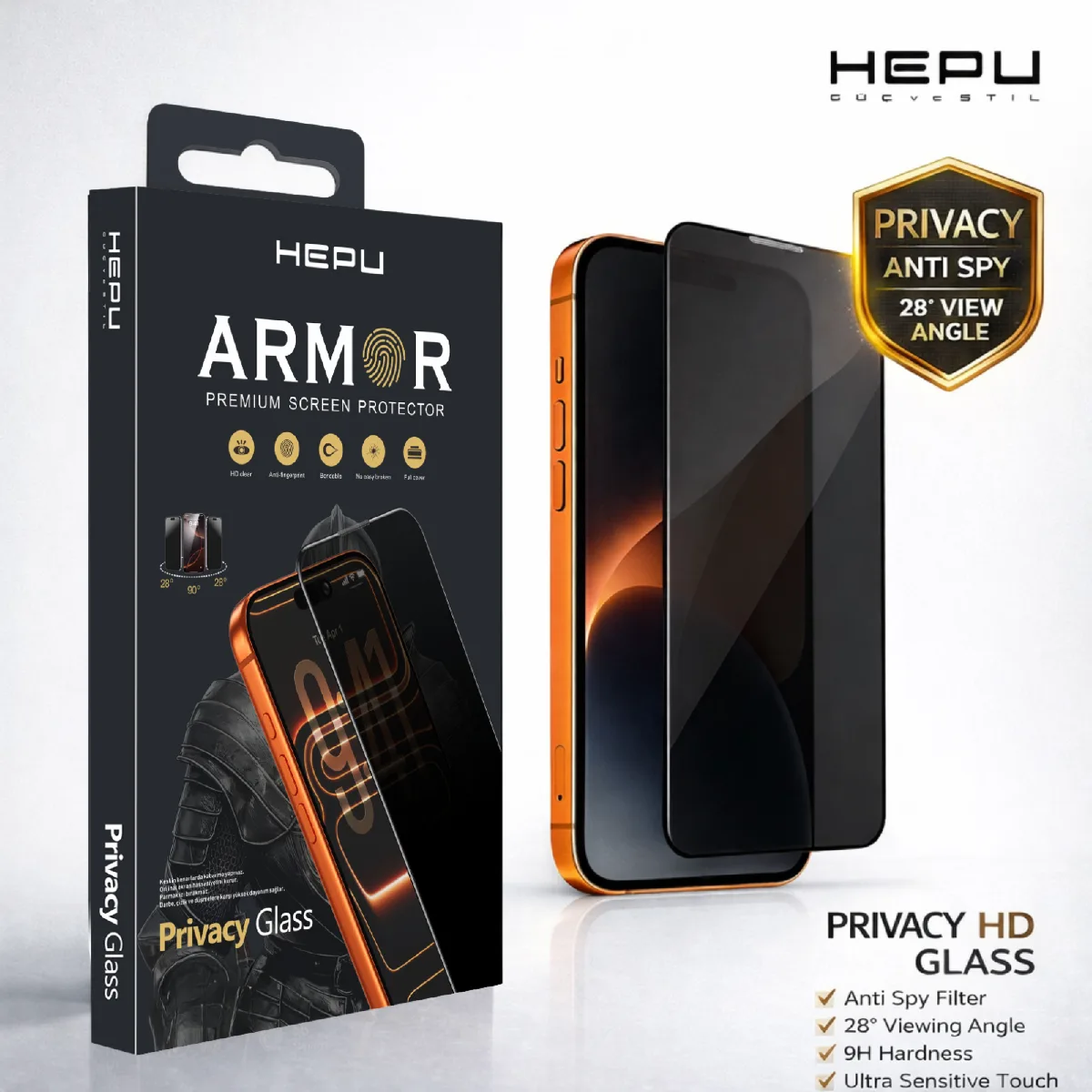 HEPU ARMOR Series Privacy Cam Ekran Koruyucu – iPhone 14 Pro Uyumlu