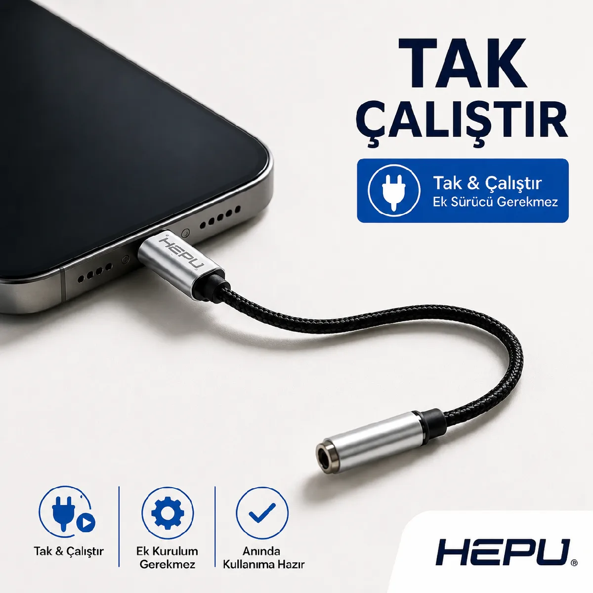 HEPU HP-19 iOS AUX Dönüştürücü – Lightning Girişli iPhone & iPad için Ses Adaptörü (30 cm) - Görsel 4