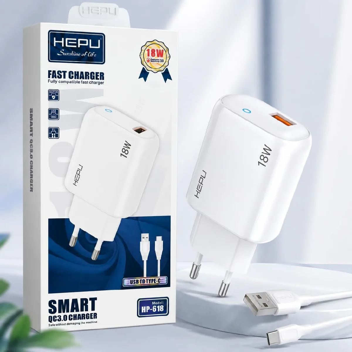 HEPU HP-618 18W 3A Hızlı Şarj Adaptörü – Qualcomm Quick Charge + Type-C Kablo Dahil - Görsel 5