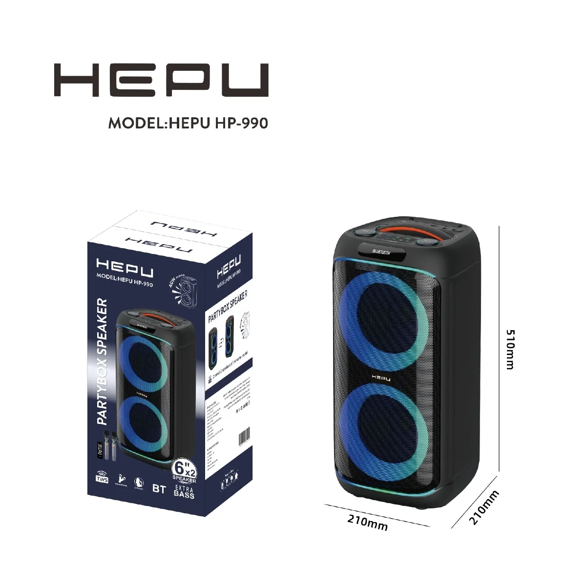 HEPU HP-990 Partybox Bluetooth Hoparlör – 2×6” Hoparlör, 40W Güç, RGB Işık, TWS Destekli - Görsel 3