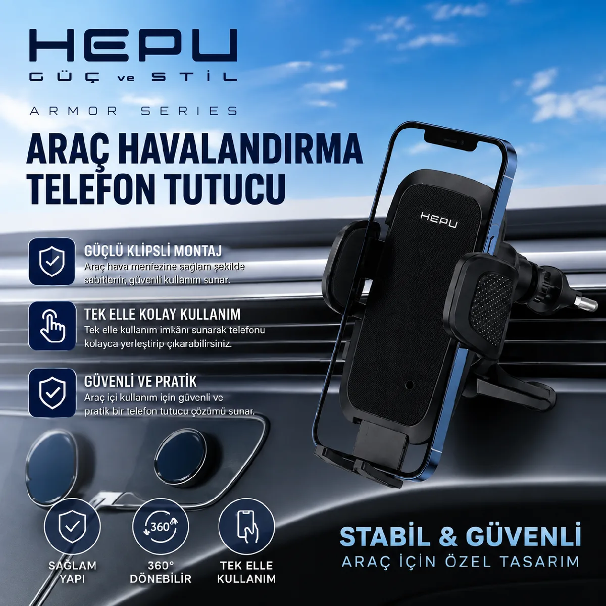 HEPU HP-AA04 Armor Havalandırma Tipi Araç Telefon Tutucu – Otomatik Kilitli, 360° Dönebilen Tasarım - Görsel 3