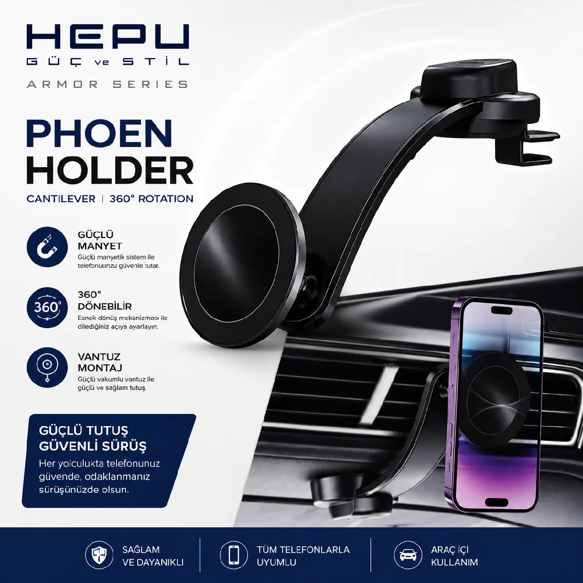 HEPU HP-AA06 Armor Manyetik Araç İçi Telefon Tutucu – Güçlü Vantuzlu, 360° Dönebilen Tasarım - Görsel 3