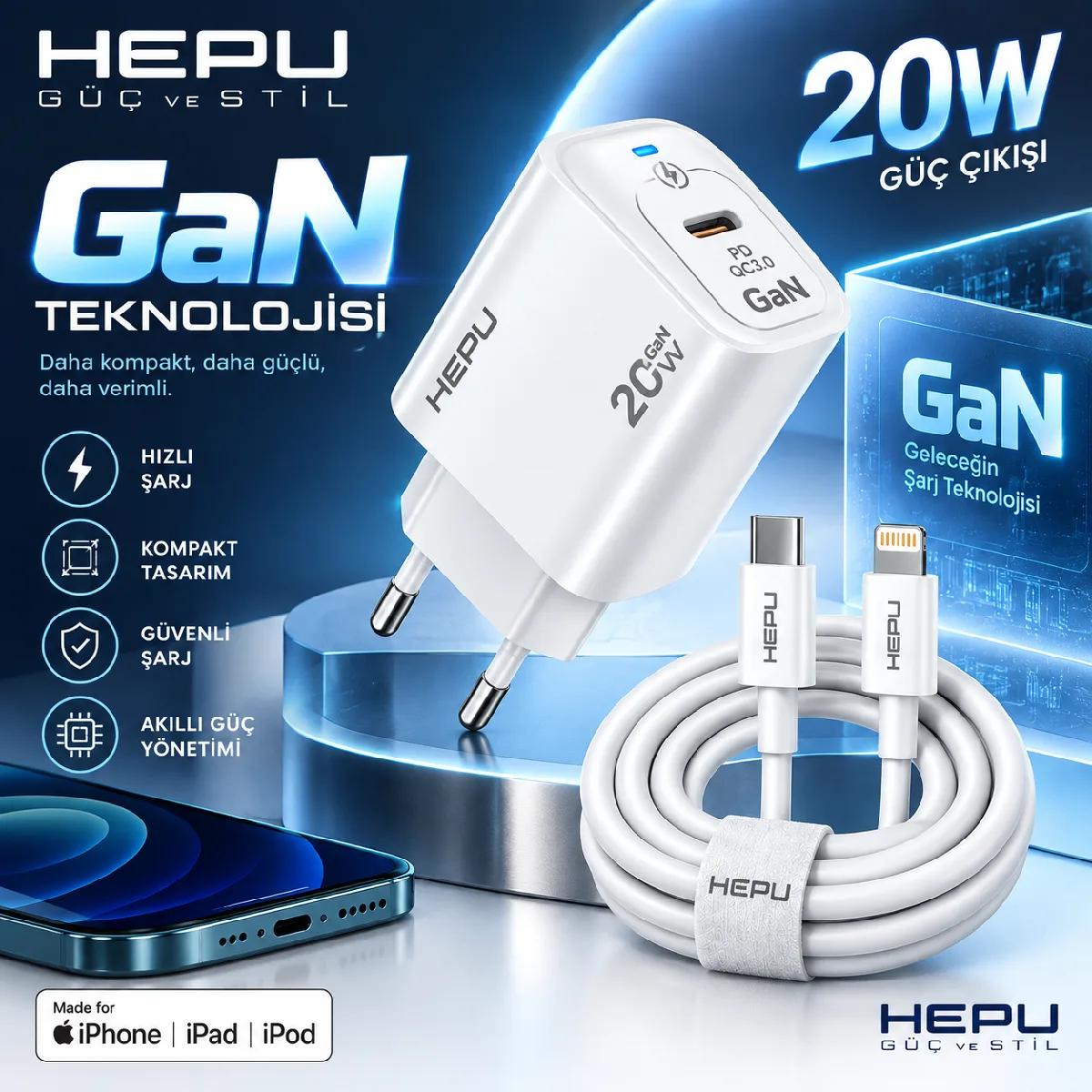 HEPU HP-AC03 20W GaN PD Şarj Adaptörü – Hızlı Şarj, Type-C to Lightning Kablo Dahil - Görsel 5