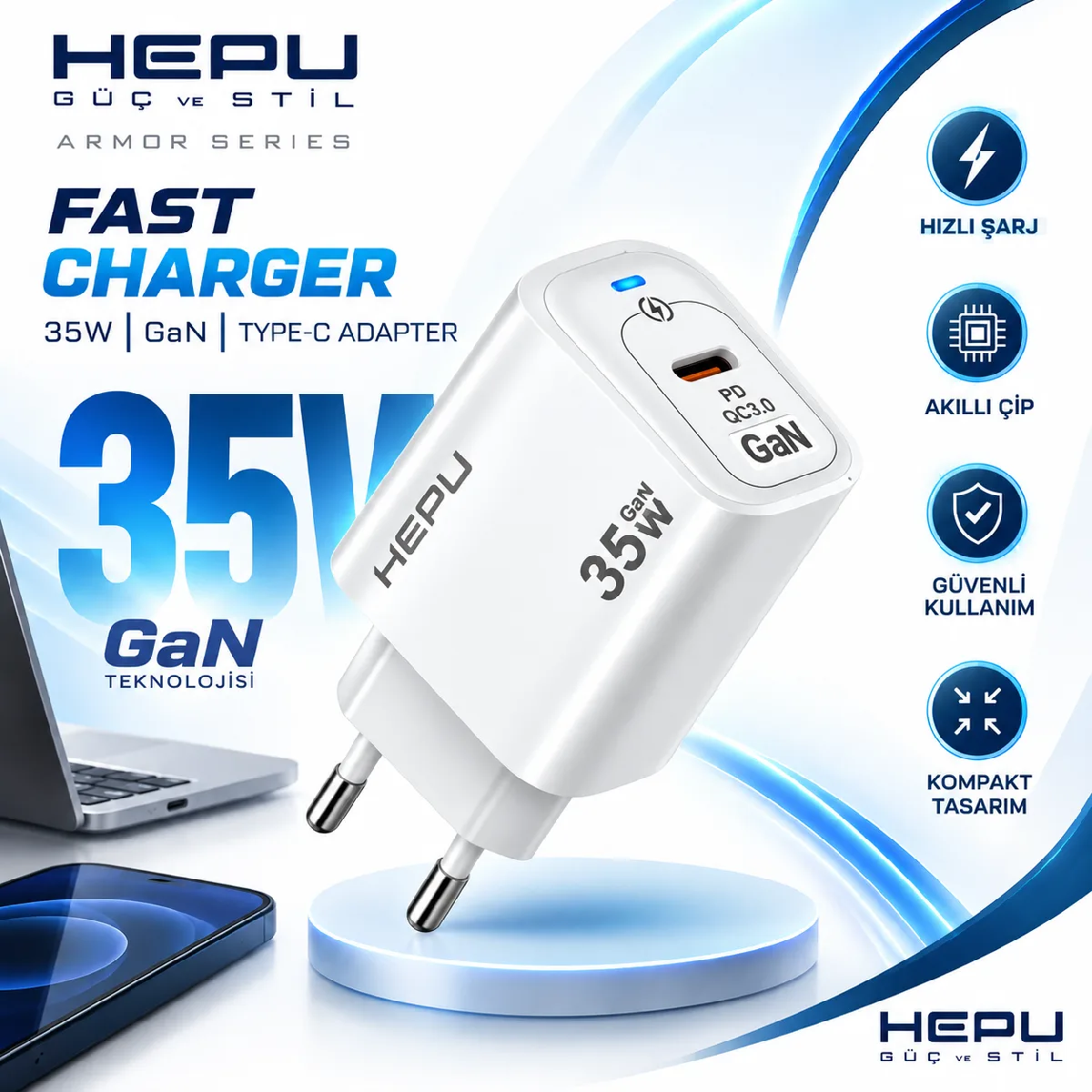 HEPU HP-AC05 35W GaN PD Şarj Adaptörü – Hızlı Şarj - Görsel 4