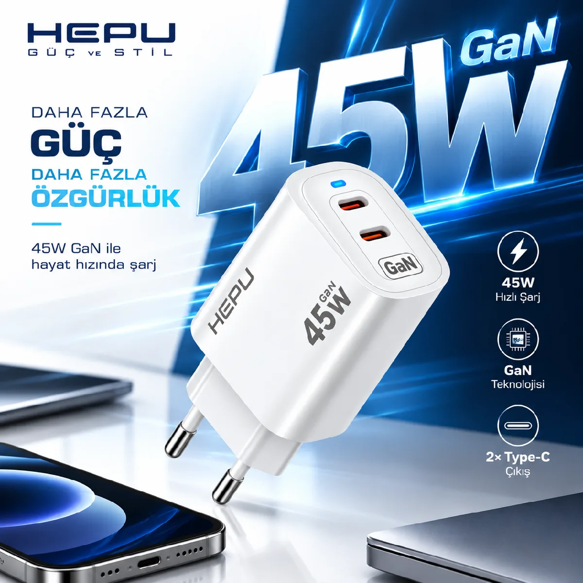HEPU HP-AC06 45W GaN PD Şarj Adaptörü – Hızlı Şarj - Görsel 4